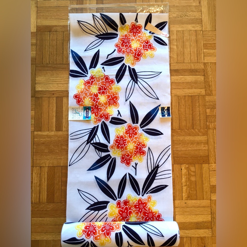 Vintage 1970’s Japanese White Navy Orange Bold Floral Cotton Bolt of Fabric